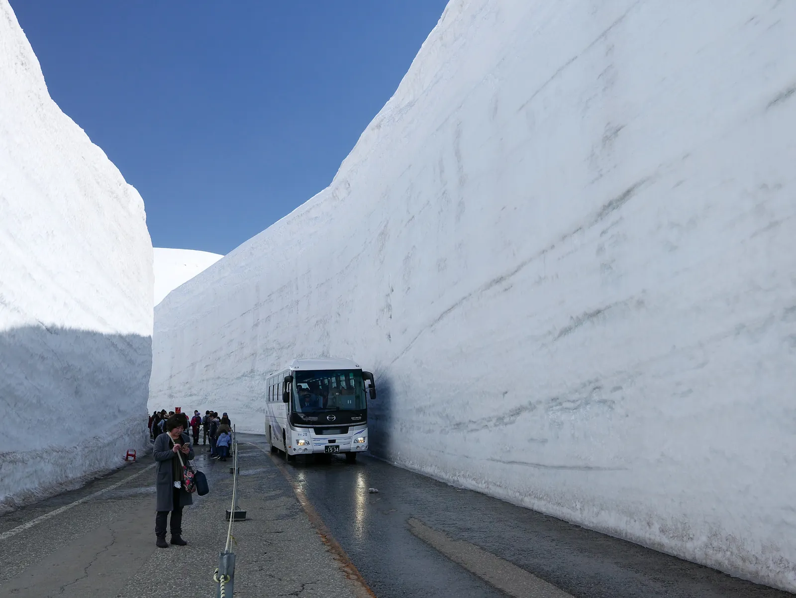 A highland bus running through Yuki no Otani; the bus gives you the scale of the walls. Photo: elminium (CC BY 2.0)