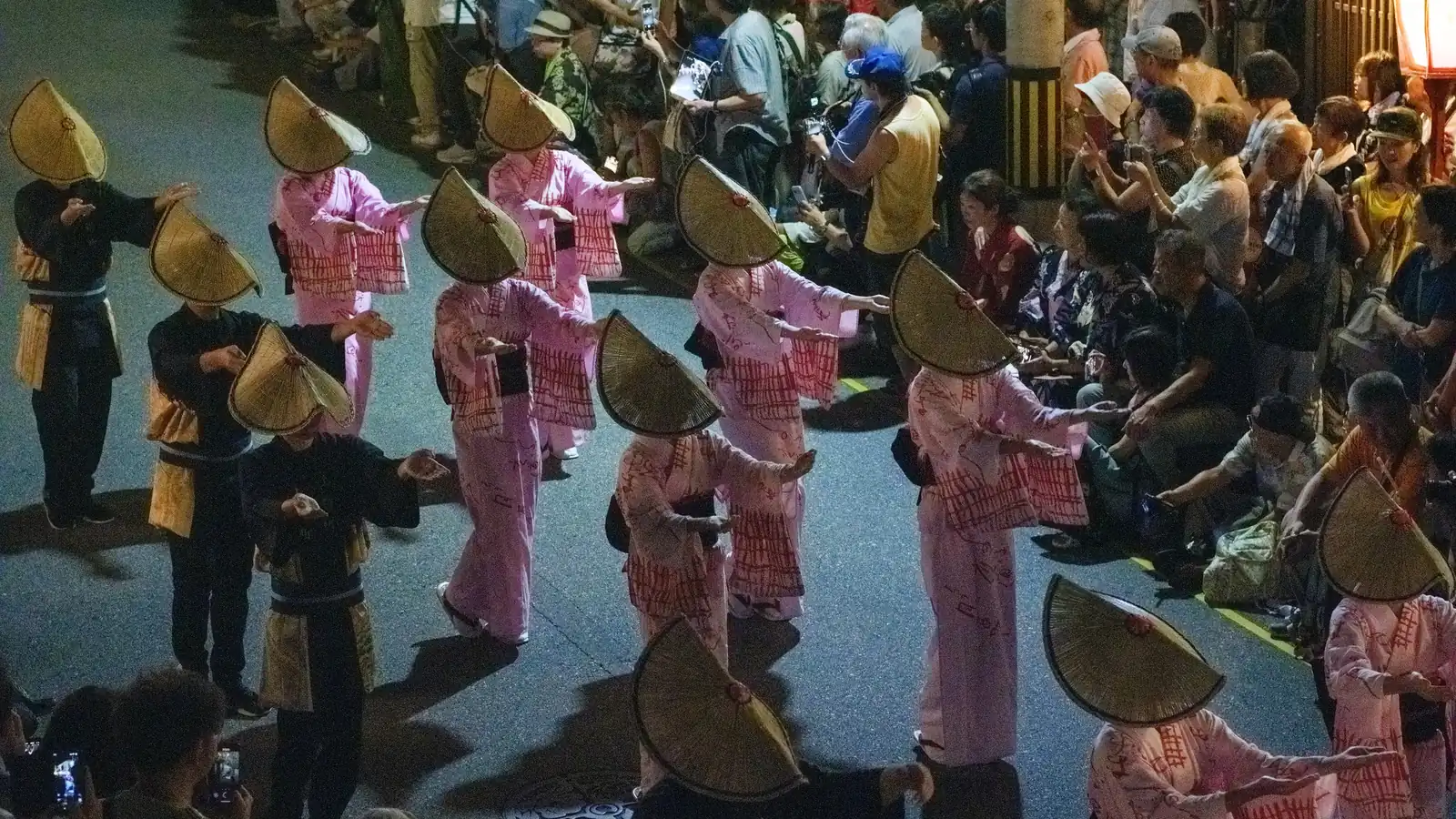 両側に見物の人が座る通りを、編笠の列が流していく