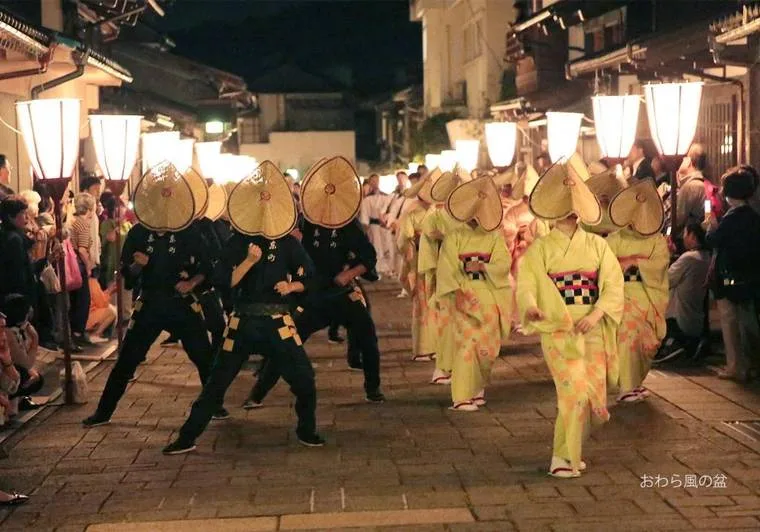 ぼんぼりの灯る石畳を進むおわらの町流し